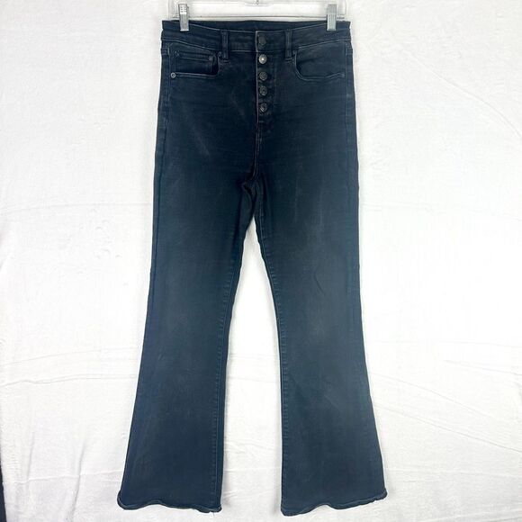 American Eagle Highest Rise Flare Jeans Size 6 Black Button Fly - Picture 1 of 7